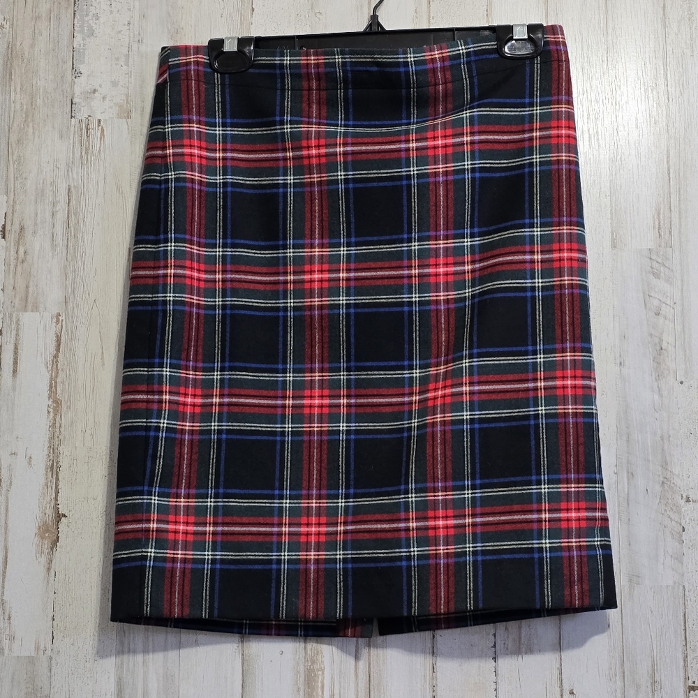 J. Crew Black Red Blue Tartan Plaid Wool Blend Pencil Skirt Size 4